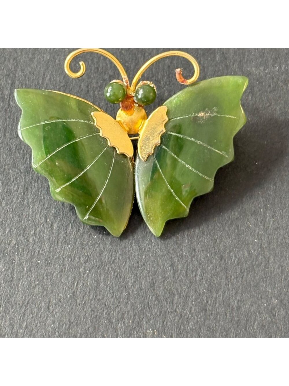 Vintage Green Jade Butterfly Pin Gold-Tone Accents Intricate Carved Wings Brooch